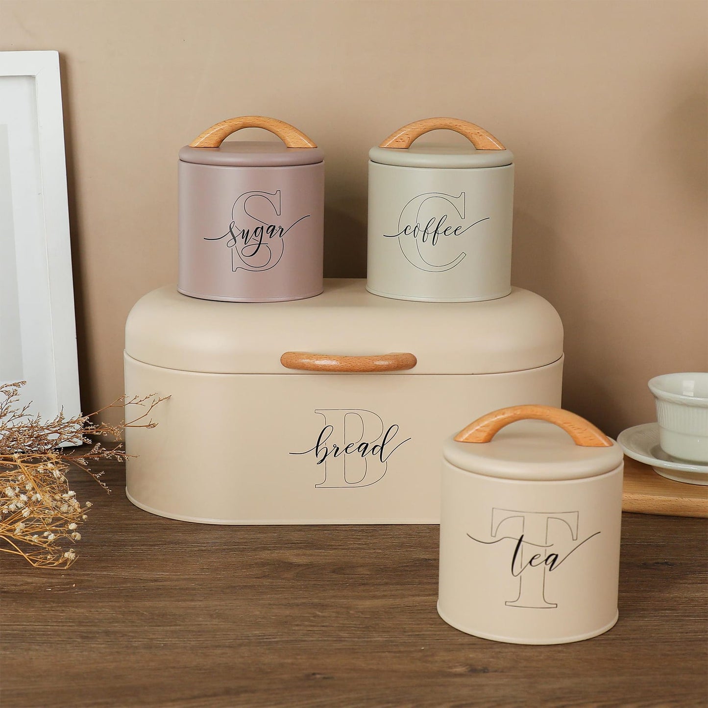 Premium Tea, Coffee, Sugar & Bread Storage Set – Wooden Handle Kitchen Canisters