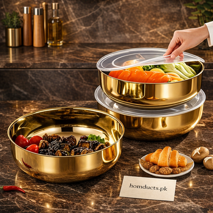 Premium Gold Stainless Steel Food Storage Bowl with Transparent Airtight Lid – Multipurpose Kitchen Serving Container