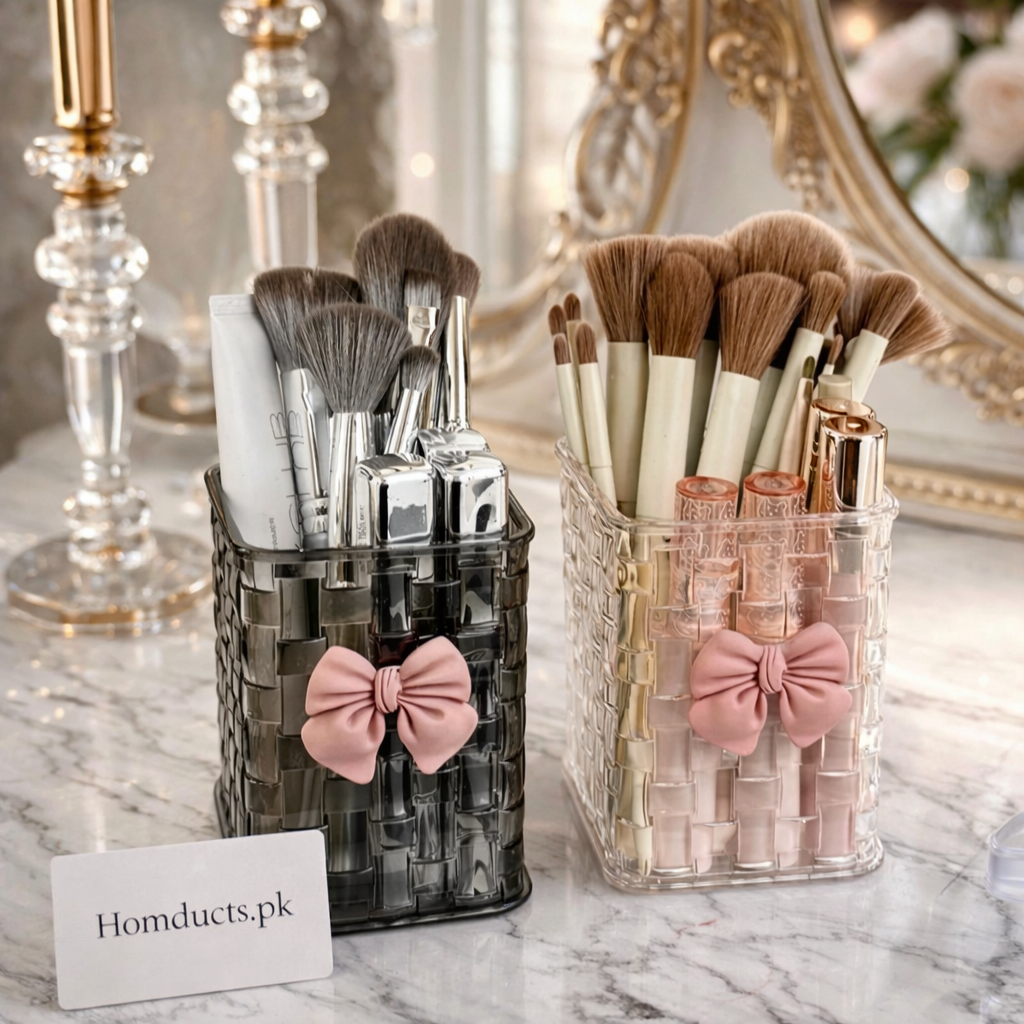 Luxury Acrylic Makeup Brush Organizer with Bow Design – Elegant Vanity Storage Holder