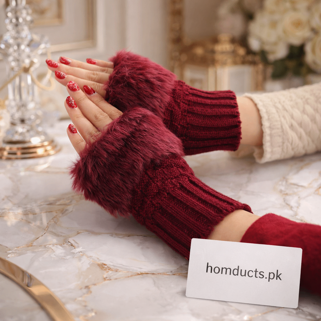 Luxury Faux Fur Fingerless Winter Gloves for Women – Soft Knit & Warm Hand Warmers | Homducts.pk