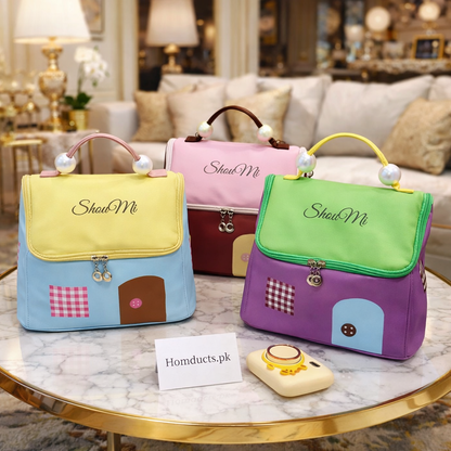Luxury House-Style Cosmetic & Travel Organizer Bag with Pearl Handle