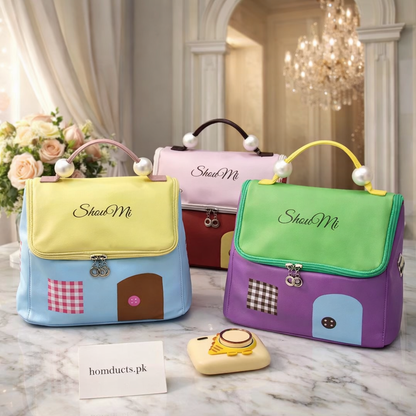 Luxury House-Style Cosmetic & Travel Organizer Bag with Pearl Handle