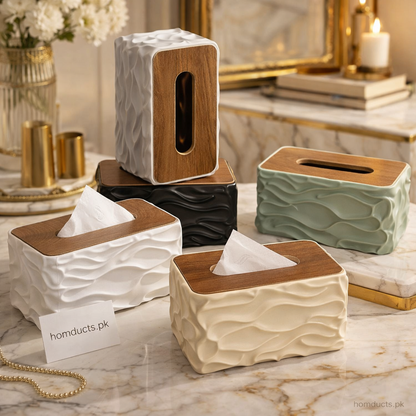 Luxury Wave Texture Tissue Box Cover with Wooden Lid – Premium Decorative Tissue Holder for Home & Office | Homducts.pk