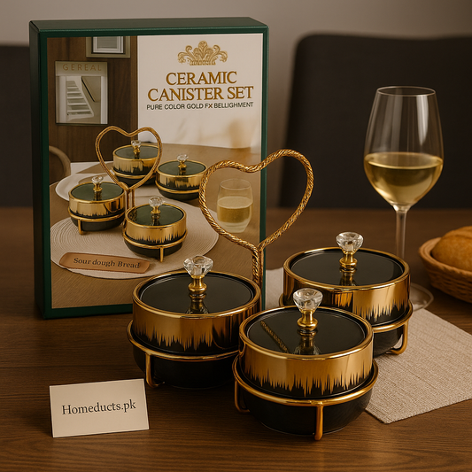 Luxury Ceramic Canister Set with Gold Embellishment – 3-Piece Decorative Storage Jars with Crystal Lids