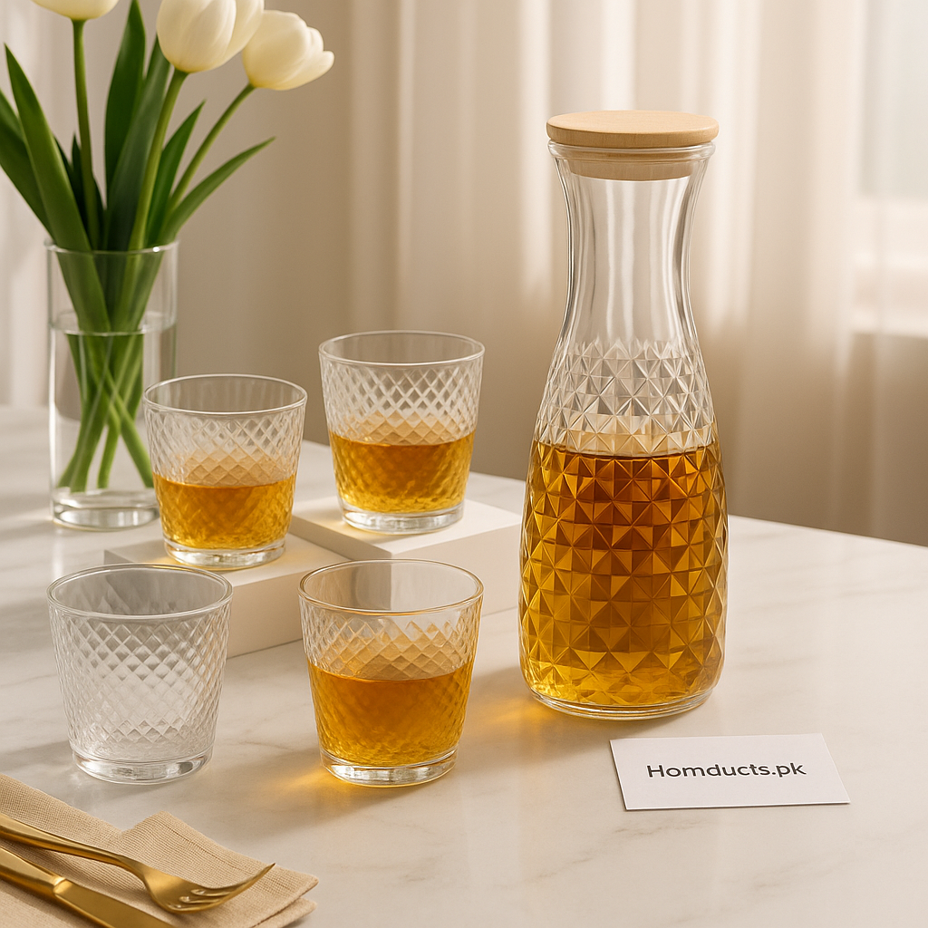 Diamond Cut Glass Jug Set with 6 Crystal Glasses – Premium Beverage Serving Set