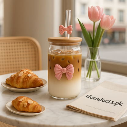 🎀 Aesthetic Glass Jar with Bamboo Lid & Straw