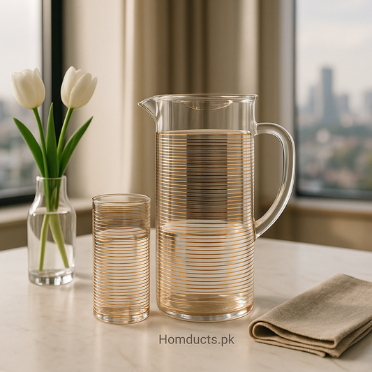 Golden Line Acrylic Jug Set – 1 Jug & 6 Glasses | Premium Transparent Drinkware