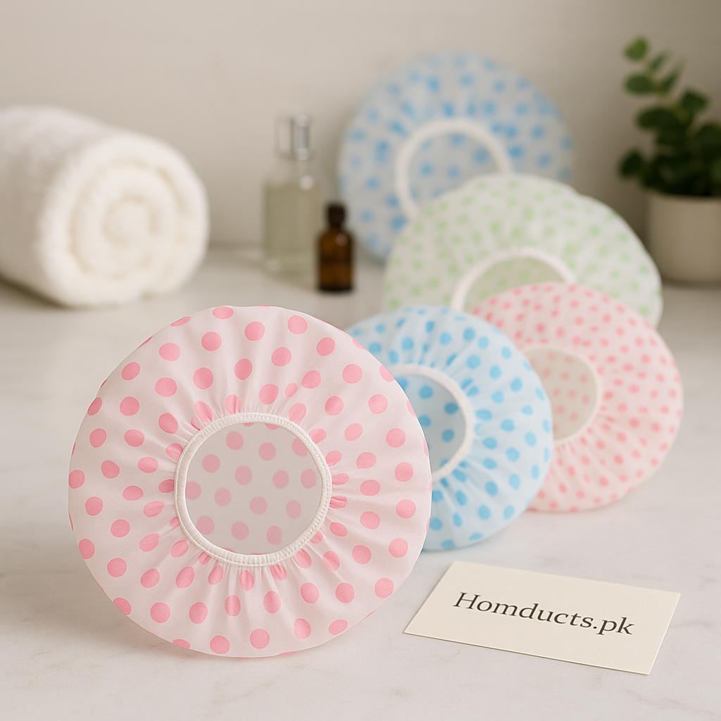 Premium Polka Dot Shower Caps – Waterproof Reusable Bath Caps (Pack of 3)