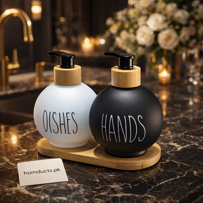 Luxury Kitchen Soap & Dish Dispenser Set with Bamboo Tray — Hands & Dishes Pump Bottles