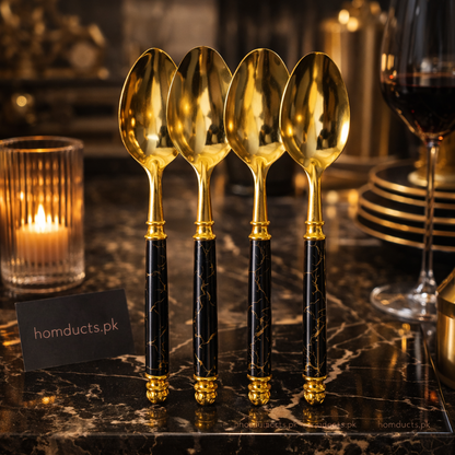 Luxury Gold Marble Handle Spoon Set – 4 Pcs Premium Dining Cutlery
