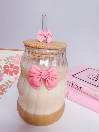 Curvy Glass Tumbler Set with Pink Bow Charms – Aesthetic Iced Coffee & Juice Cups with Bamboo Lid and Glass Straw