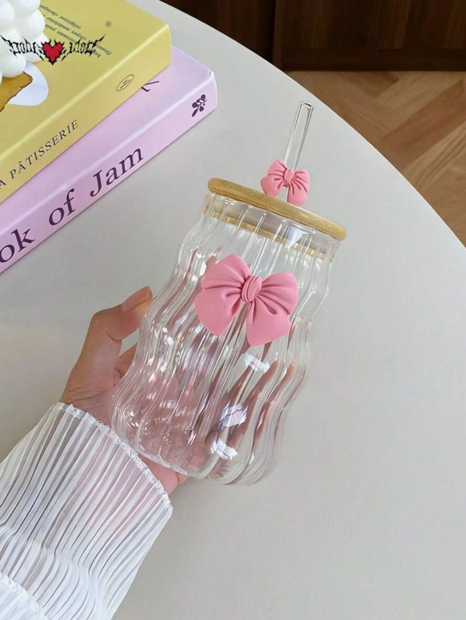 Curvy Glass Tumbler Set with Pink Bow Charms – Aesthetic Iced Coffee & Juice Cups with Bamboo Lid and Glass Straw