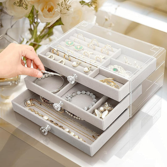 Premium Acrylic Jewellery Box with 3 Drawers, Velvet Lined Organizer for Rings, Earrings and Accessories