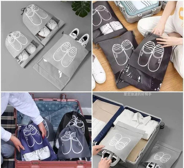 Premium Travel Shoe Pouch Grey Non Woven Fabric, Dustproof Drawstring Shoe Organizer with Visual Window
