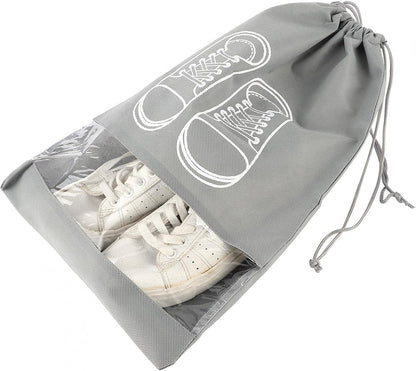 Premium Travel Shoe Pouch Grey Non Woven Fabric, Dustproof Drawstring Shoe Organizer with Visual Window
