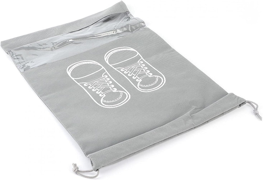 Premium Travel Shoe Pouch Grey Non Woven Fabric, Dustproof Drawstring Shoe Organizer with Visual Window
