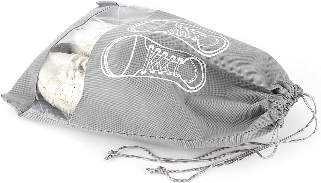 Premium Travel Shoe Pouch Grey Non Woven Fabric, Dustproof Drawstring Shoe Organizer with Visual Window