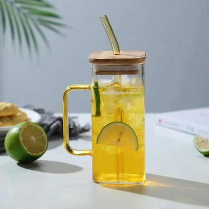 Square Glass Coffee Mug with Wooden Lid & Straw – 400ml Transparent Tumbler Glass with Colored Handle in Pakistan