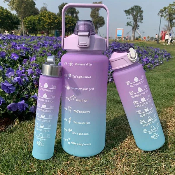 Premium Gradient Colour Water Bottle Set of 3, Large Capacity Motivational Hydration Bottles for Gym, Office and Kids