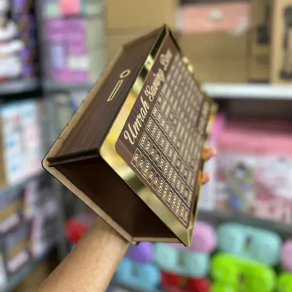 Wooden Umrah Saving Box – Lockable Charity & Travel Goal Box