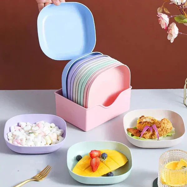 Set of 10 Reusable Plastic Plates with Stand – Food Serving Dish Rack Combo