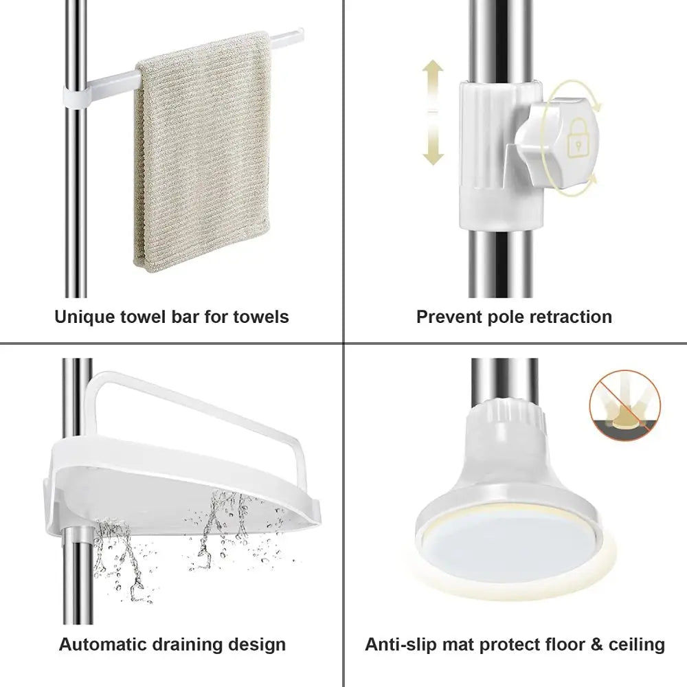 Adjustable Corner Shower Caddy with 4 Tiers – Tension Pole Bathroom Organizer Shelf for Shampoo, Soap & Toiletries Storage