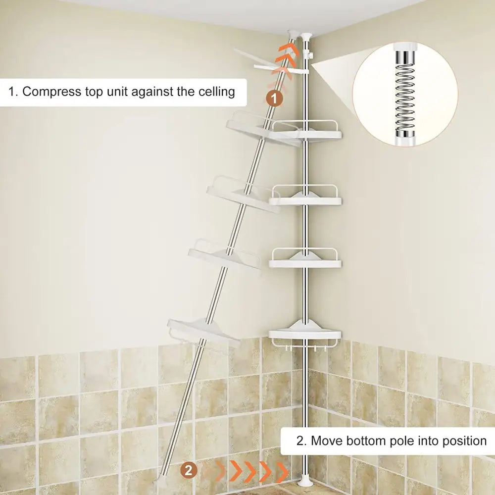 Adjustable Corner Shower Caddy with 4 Tiers – Tension Pole Bathroom Organizer Shelf for Shampoo, Soap & Toiletries Storage