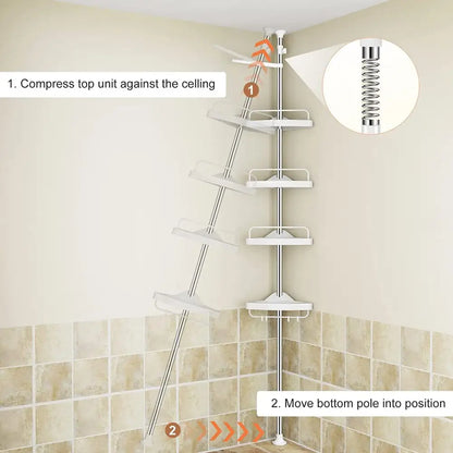Adjustable Corner Shower Caddy with 4 Tiers – Tension Pole Bathroom Organizer Shelf for Shampoo, Soap & Toiletries Storage