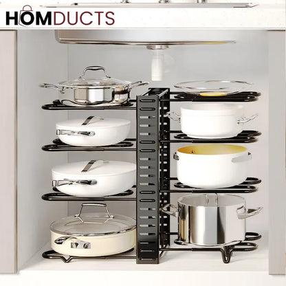 Adjustable Heavy-Duty Pot and Pan Organizer Rack – 8-Tier Kitchen Cookware Storage Stand for Lids & Skillets