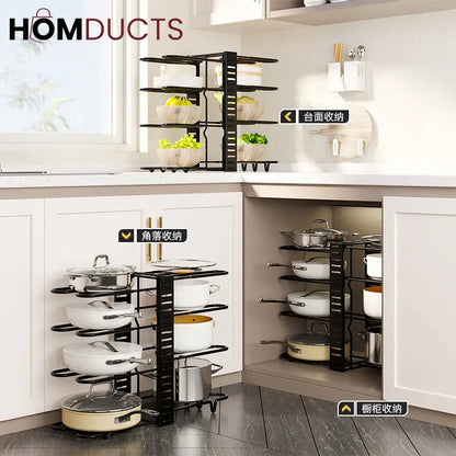 Adjustable Heavy-Duty Pot and Pan Organizer Rack – 8-Tier Kitchen Cookware Storage Stand for Lids & Skillets