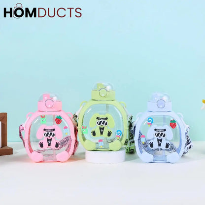 Adorable Cartoon Dog Kids Water Bottle with Straw & Crossbody Strap - Hydration Fun!