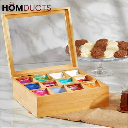 Bamboo Tea Organizer Box with Glass Lid – 6 & 8 Grid Compartment Storage for Tea Bags & Sachets