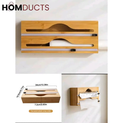 Bamboo Wrap Dispenser with Cutter – Plastic, Foil & Wax Paper Organizer for Kitchen Drawer or Wall Mount