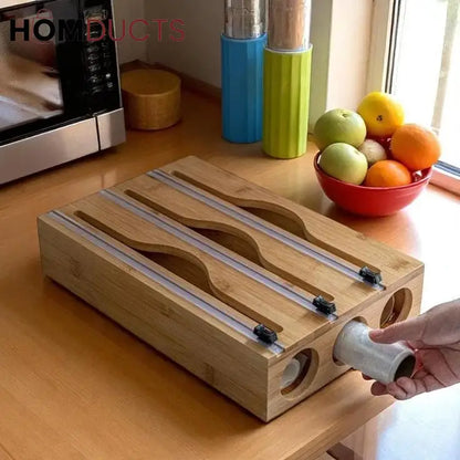 Bamboo Wrap Dispenser with Cutter – Plastic, Foil & Wax Paper Organizer for Kitchen Drawer or Wall Mount