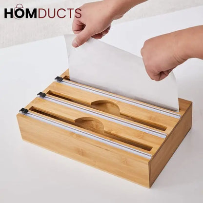 Bamboo Wrap Dispenser with Cutter – Plastic, Foil & Wax Paper Organizer for Kitchen Drawer or Wall Mount