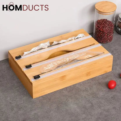 Bamboo Wrap Dispenser with Cutter – Plastic, Foil & Wax Paper Organizer for Kitchen Drawer or Wall Mount