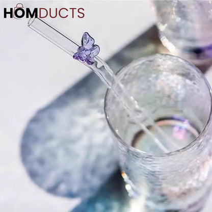 Butterfly Charm Glass Straw Set – 6Pcs Reusable Straws with Cleaner