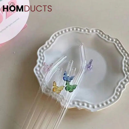Butterfly Charm Glass Straw Set – 6Pcs Reusable Straws with Cleaner
