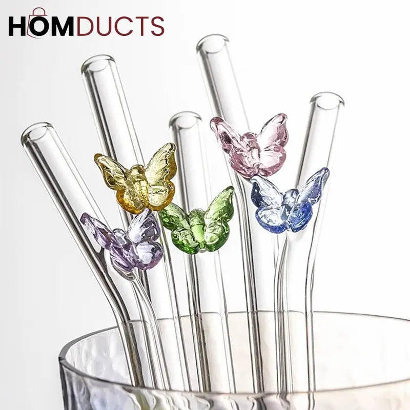 Butterfly Charm Glass Straw Set – 6Pcs Reusable Straws with Cleaner