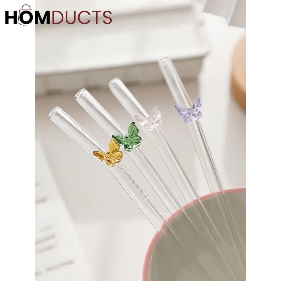 Butterfly Charm Glass Straw Set – 6Pcs Reusable Straws with Cleaner