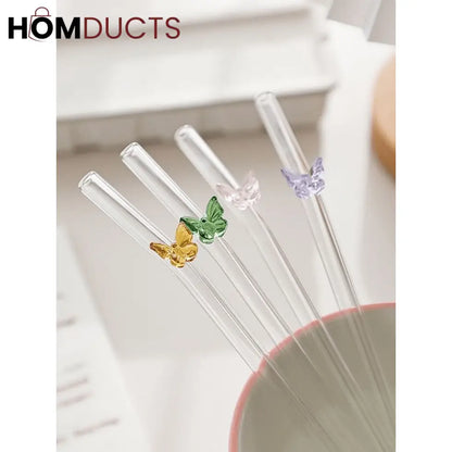 Butterfly Charm Glass Straw Set – 6Pcs Reusable Straws with Cleaner