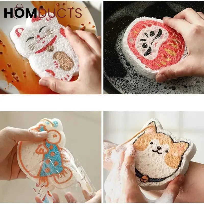 Cartoon Wood Pulp Cleaning Sponge (4pcs)