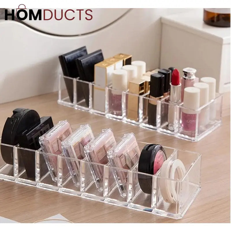 Clear Acrylic Makeup Organizer – 8 Compartment Cosmetic Storage Holder for Compacts, Lipsticks & Skincare Bottles