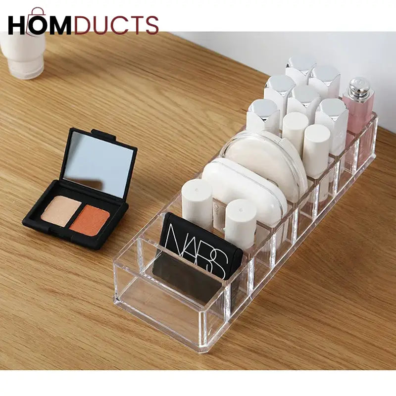 Clear Acrylic Makeup Organizer – 8 Compartment Cosmetic Storage Holder for Compacts, Lipsticks & Skincare Bottles