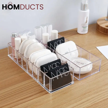 Clear Acrylic Makeup Organizer – 8 Compartment Cosmetic Storage Holder for Compacts, Lipsticks & Skincare Bottles