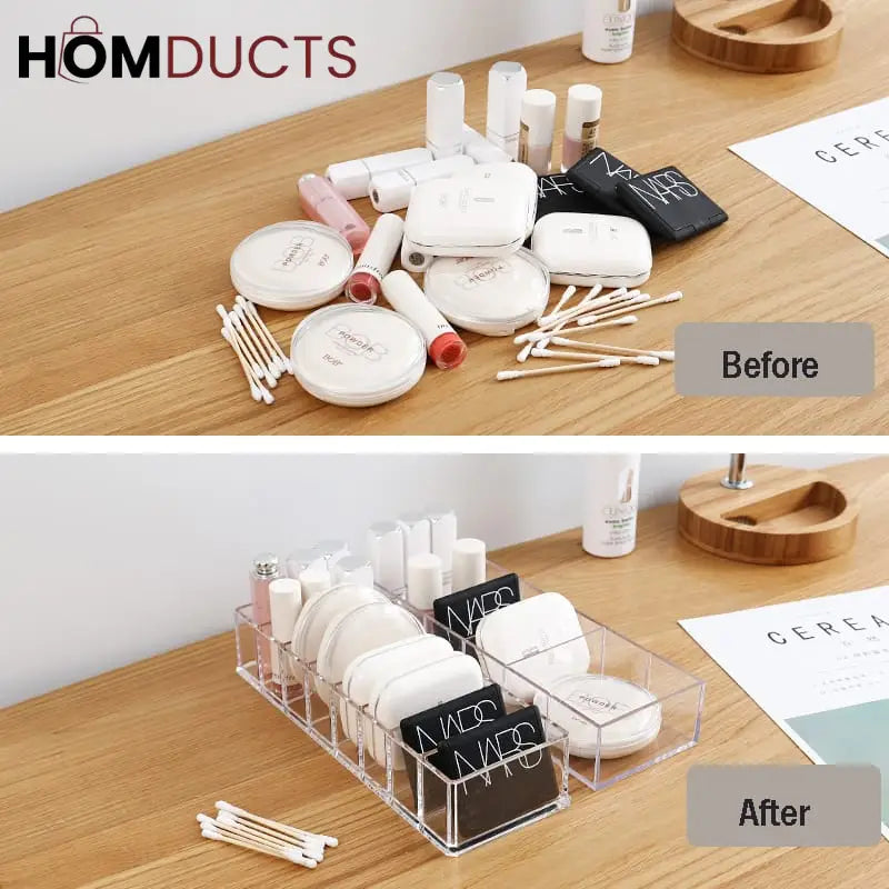 Clear Acrylic Makeup Organizer – 8 Compartment Cosmetic Storage Holder for Compacts, Lipsticks & Skincare Bottles