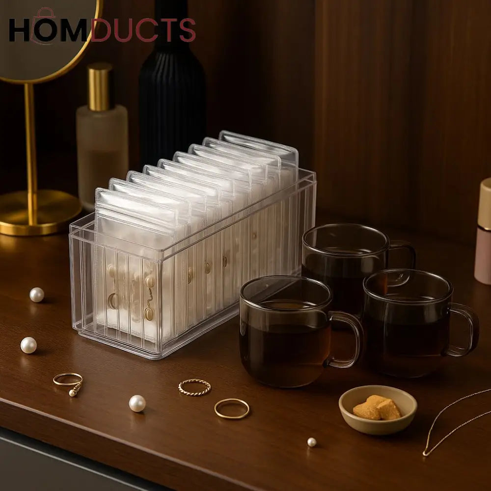 Clear Jewelry Organizer Box with 20 pvc Resealable Zip Bags – Compact Storage Case for Rings, Earrings, Necklaces & Small Accessories