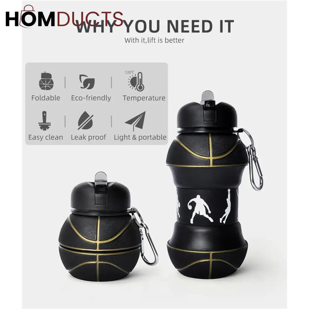Clip-On Collapsible Basketball Water Bottle - BPA-Free Silicone, 18 Oz