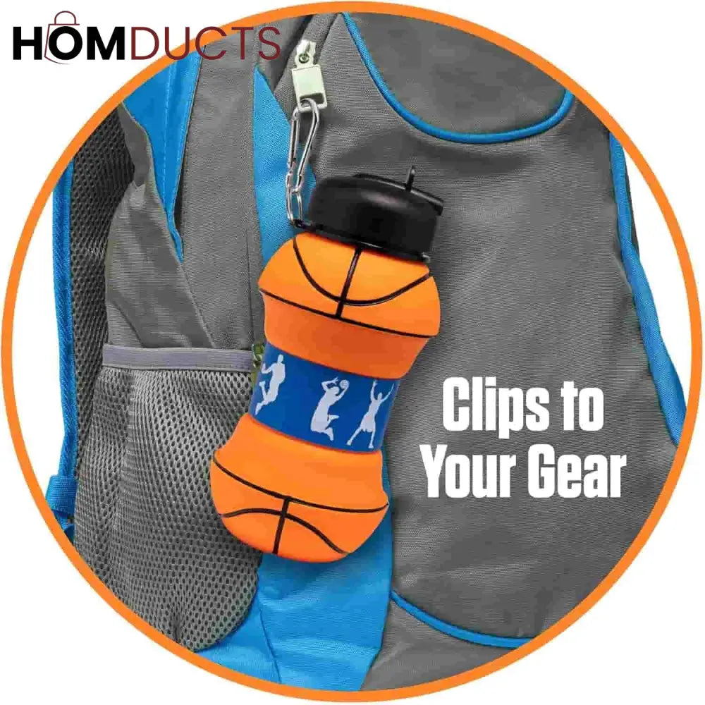 Clip-On Collapsible Basketball Water Bottle - BPA-Free Silicone, 18 Oz
