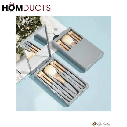 Compact Travel Makeup Brush Set with Mirror – 5-Piece Portable Cosmetic Brushes in Case for Face & Eyes